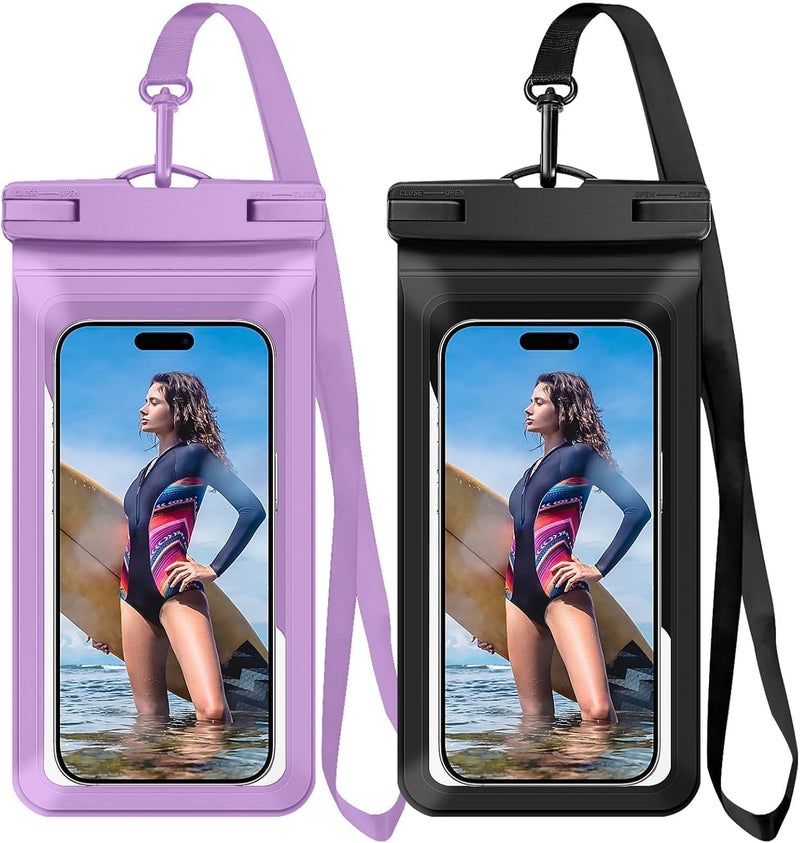 Vsagier Universal Waterproof Phone Case, with Inside Card Pack, Waterproof Beach Bag for iPhone 17 16 15 14 Pro Max up to 8.3", IPX8 Cell Phone Pouch for Cruise Travel Accessories, 2 Pack-Black&Purple - Image 1